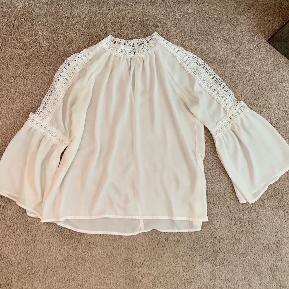 White bell-sleeve sheer blouse